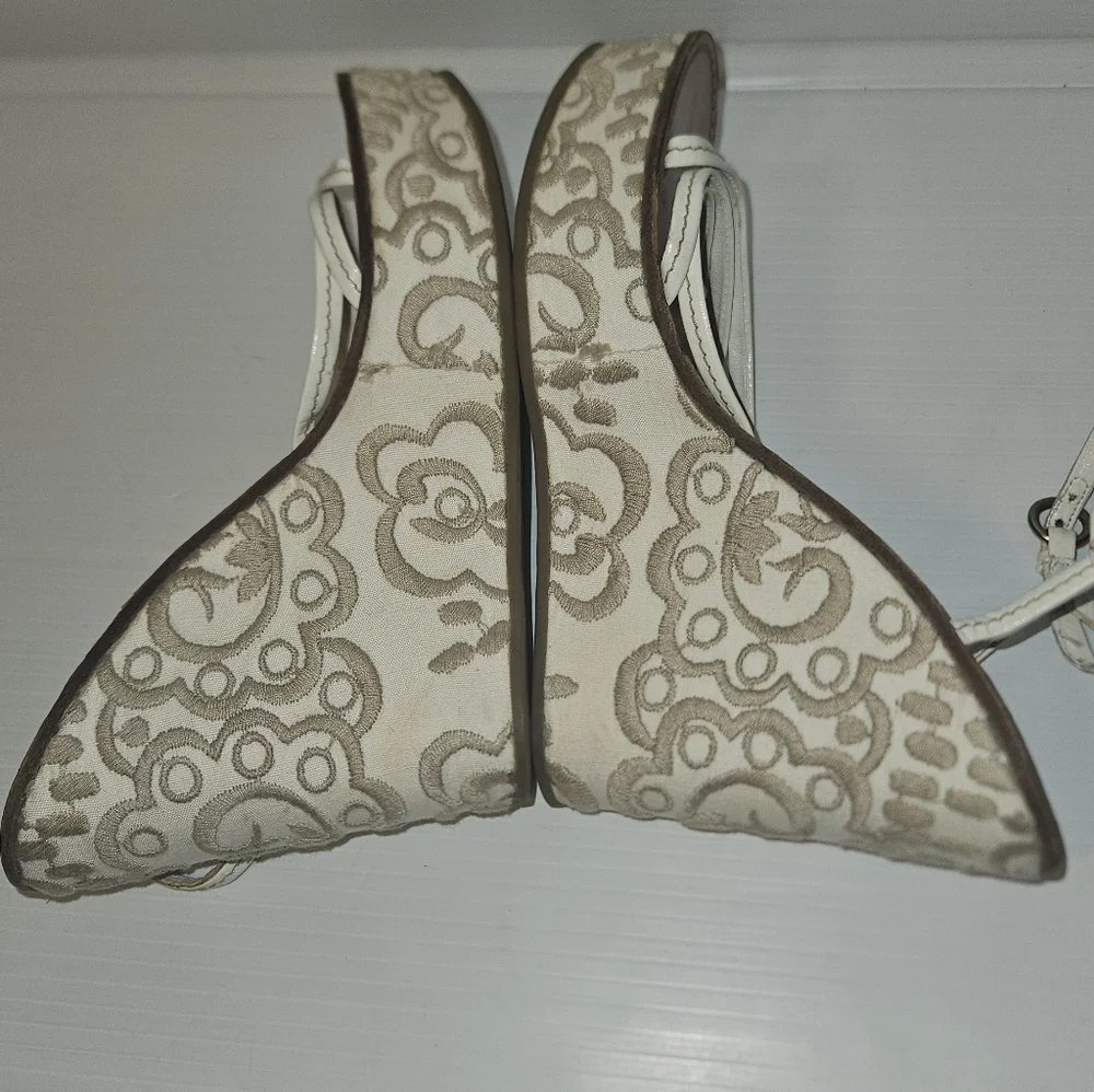 MIU MIU Prada Embroidered Platform Wedge High Heel Ankle Strap Sandals 37.5